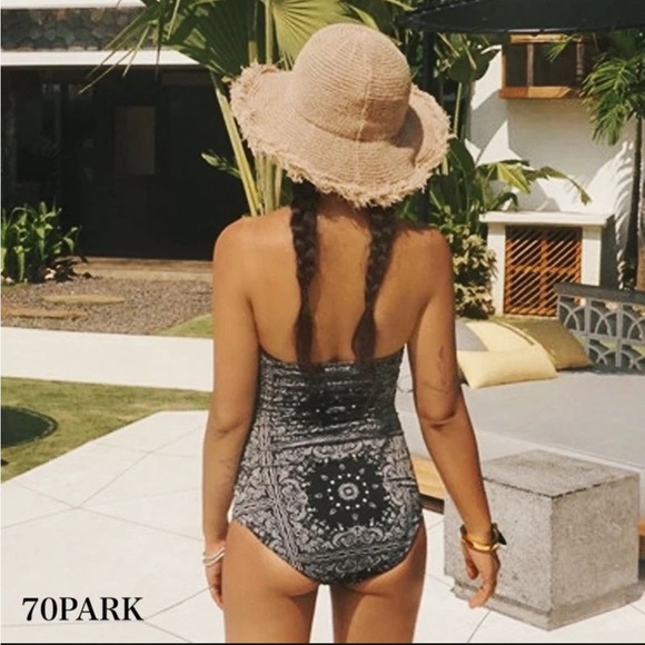 Black White Paisley Bandana Print Monokini One Piece Bathing Suit size L small - Picture 10 of 17